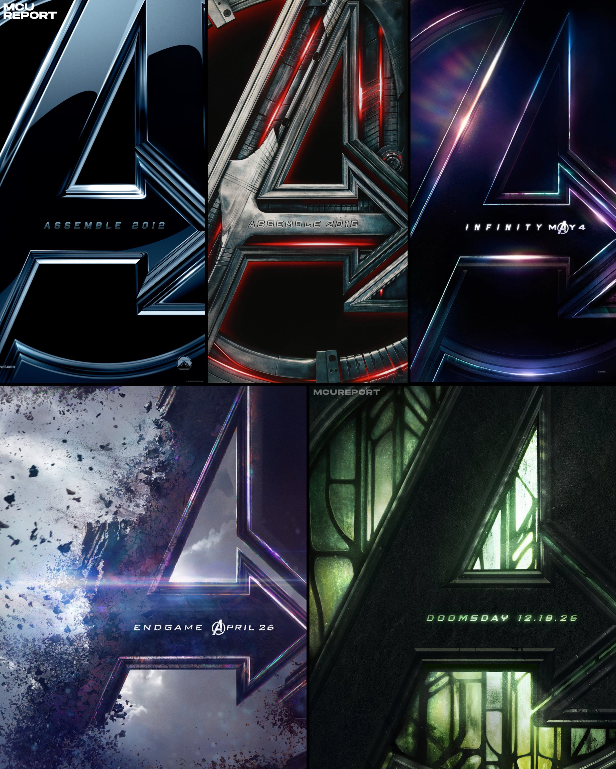 MCU REPORT vel.com ASSEMBLE 2012 ASSEMBLE 2015 INFINITY MAY 4 ONETIC NON MCUREPORT DOOMSDAY 12.18.26 ENDGAME APRIL 26