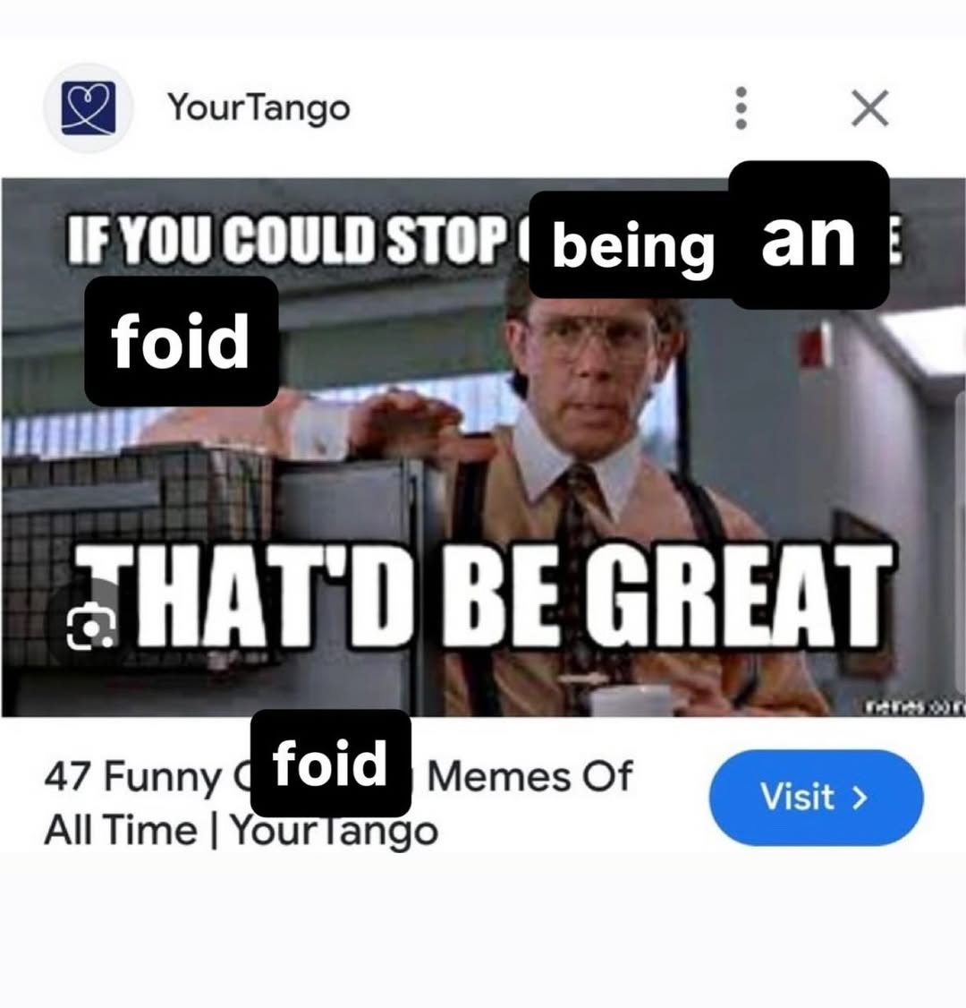 A "recaption":https://knowyourmeme.com/memes/recaption meme "ironically":https://knowyourmeme.com/memes/ironic-memes using the internet "slang":https://knowyourmeme.com/memes/internet-slang term "foid":https://knowyourmeme.com/memes/foid-slang.