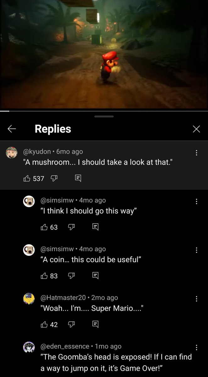 A collection of comments left under an Unreal Engine 5 Mario gameplay video.