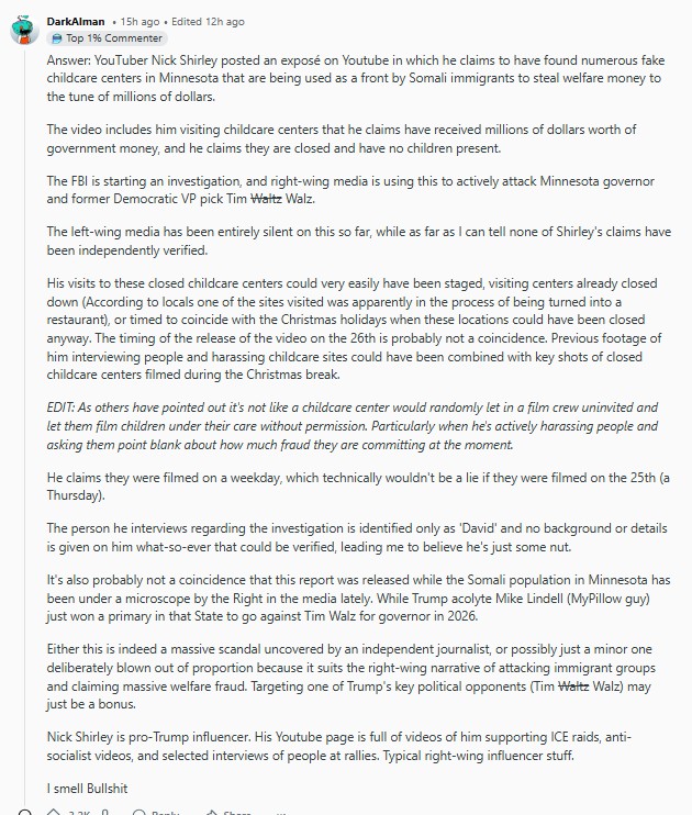 A post criticizing Nick Shirley's claims of Somali daycare fraud. The post explains in detail their suspicions.