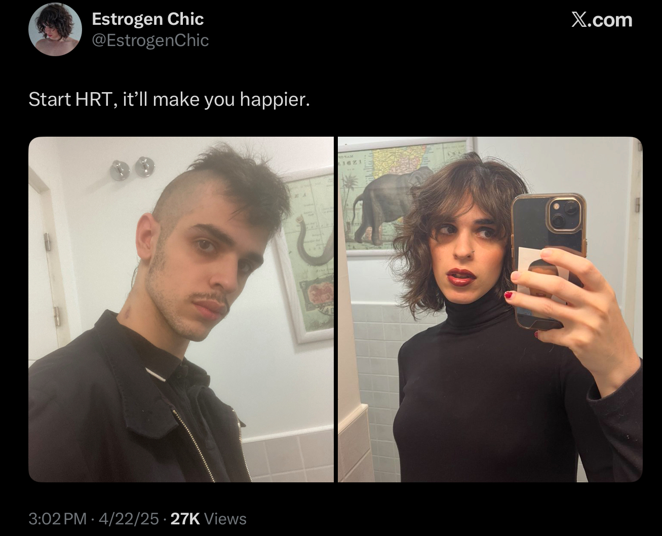 Estrogen Chic @EstrogenChic Start HRT, it'll make you happier. 3:02 PM 4/22/25 27K Views SAM 1621 X.com