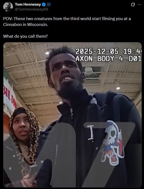 A tweet reading, "POV: These two creatures from the third world start filming you at a Cinnabon in Wisconsin. What do you call them?"
