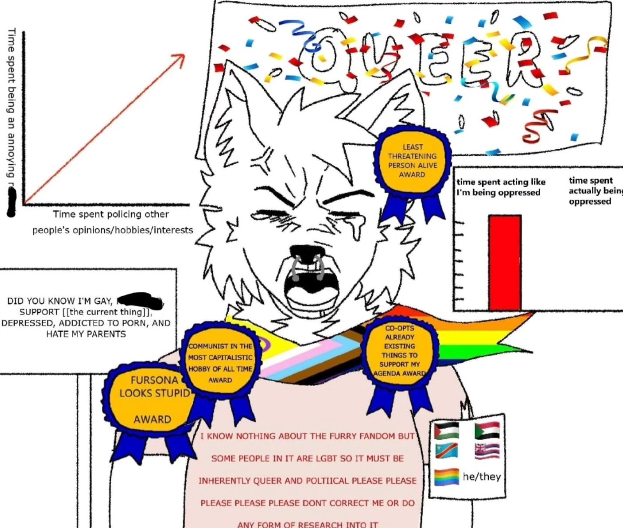 Time spent being an annoying Time spent policing other people's opinions/hobbies/interests DID YOU KNOW I'M GAY, SUPPORT [[the current thing]], DEPRESSED, ADDICTED TO P---, AND HATE MY PARENTS M FURSONA LOOKS STUPID COMMUNIST IN THE MOST CAPITALISTIC HOBBY OF ALL TIME AWARD AWARD SEER LEAST THREATENING PERSON ALIVE AWARD time spent acting like I'm being oppressed time spent actually bein oppressed CO-OPTS ALREADY EXISTING THINGS TO SUPPORT MY AGENDA AWARD I KNOW NOTHING ABOUT THE FURRY FANDOM BUT SOME PEOPLE IN IT ARE LGBT SO IT MUST BE he/they INHERENTLY QUEER AND POLTIICAL PLEASE PLEASE PLEASE PLEASE PLEASE DONT CORRECT ME OR DO ANY FORM OF RESEARCH INTO IT