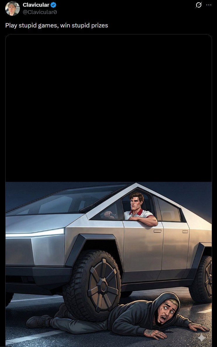 Clavicular's AI-generated post following the incident in which he allegedly drove over someone with his Cybertruck in late 2025.