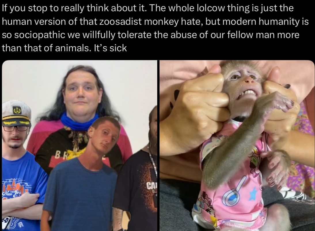 If you stop to really think about it. The whole lolcow thing is just the human version of that zoosadist monkey hate, but modern humanity is so sociopathic we willfully tolerate the abuse of our fellow man more than that of animals. It's sick -D T/L BR CA