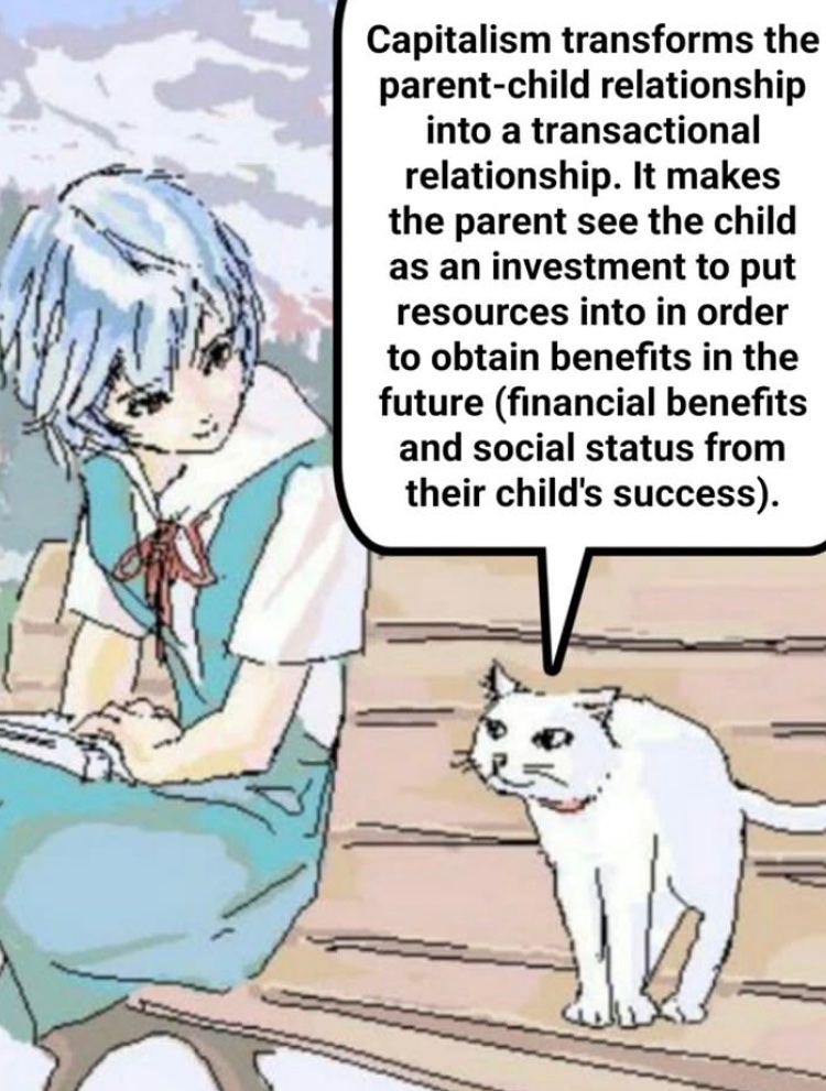 Capitalism transforms the parent-child relationship into a transactional relationship. It makes the parent see the child as an investment to put resources into in order to obtain benefits in the future (financial benefits and social status from their child's success).