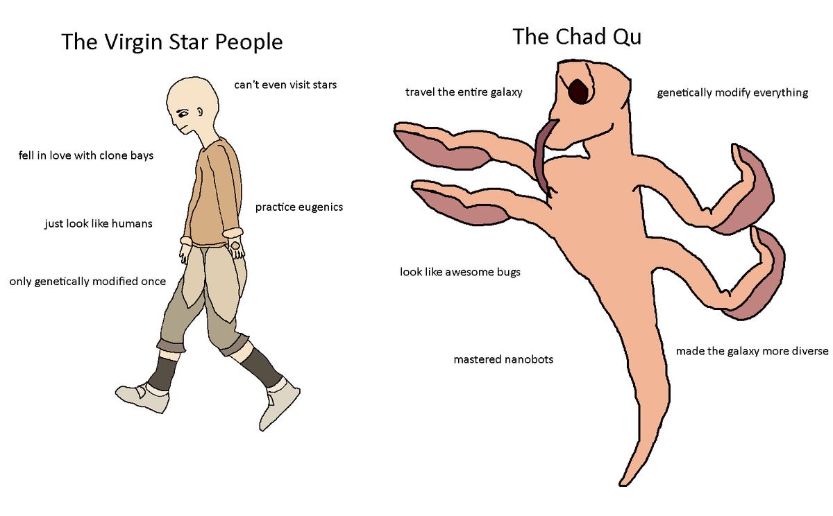 The Virgin Star People fell in love with clone bays The Chad Qu can't even visit stars travel the entire galaxy ☎ practice eugenics just look like humans only genetically modified once look like awesome bugs genetically modify everything made the galaxy more diverse mastered nanobots