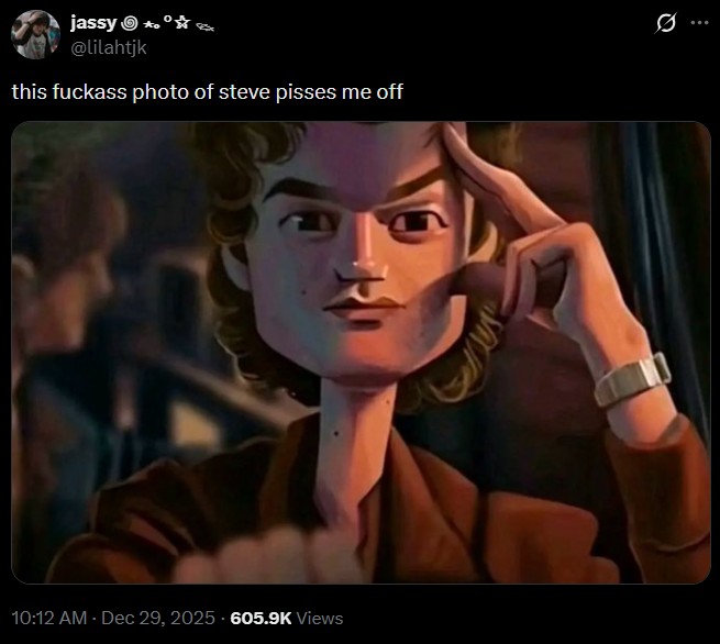 jassy @lilahtjk this f------ photo of steve pisses me off 10:12 AM - Dec 29, 2025 605.9K Views