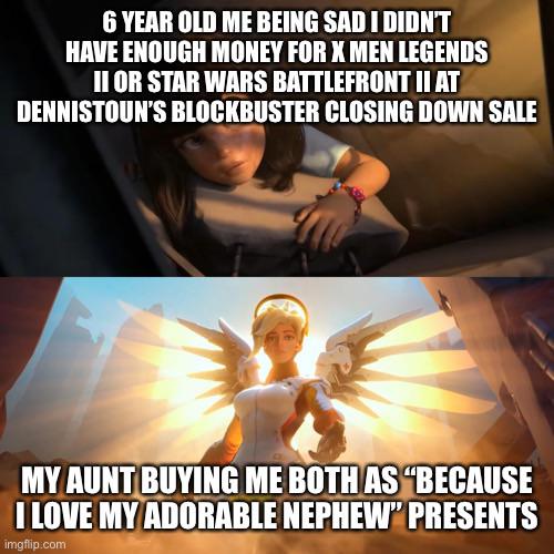 6 YEAR OLD ME BEING SAD I DIDN'T HAVE ENOUGH MONEY FOR X MEN LEGENDS II OR STAR WARS BATTLEFRONT II AT DENNISTOUN'S BLOCKBUSTER CLOSING DOWN SALE MY AUNT BUYING ME BOTH AS "BECAUSE I LOVE MY ADORABLE NEPHEW" PRESENTS imgflip.com