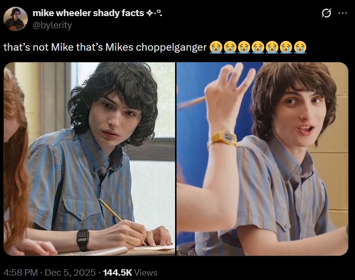 A post sharing two images of Mike from Stranger Things. The post reads, "that’s not Mike that’s Mikes choppelganger 😭😭😭😭😭😭😭."