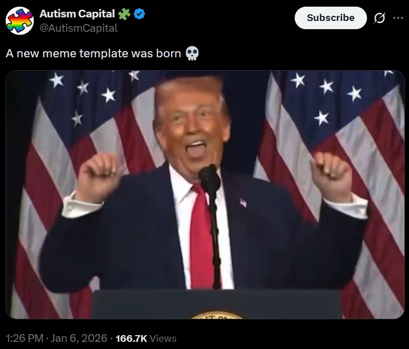 A post sharing an image of Trump doing an ahegao face. The post is captioned, "A new meme template was born 💀."