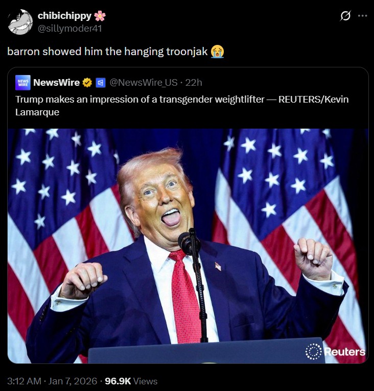 A tweet sharing an image of Trump doing ahegao face. The tweet reads, "barron showed him the hanging troonjak 😭"