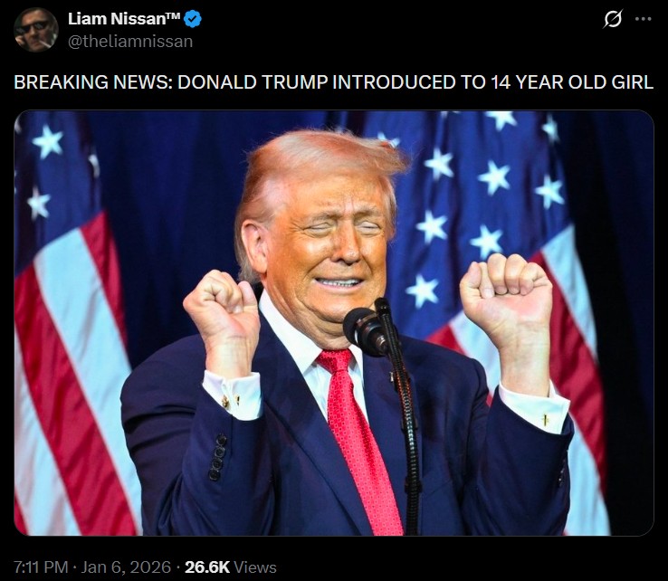 A tweet reading, "BREAKING NEWS: DONALD TRUMP INTRODUCED TO 14 YEAR OLD GIRL."