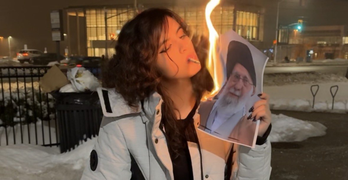 EDIT: Even through this picture is making the rounds about it being from the 2026 Iranian uprising it is originally from 2022 and the woman is in Canada.