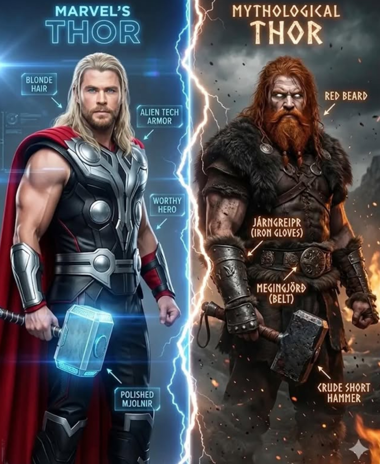 MARVEL'S THOR MYTHOLOGICAL THOR BLONDE HAIR ALIEN TECH ARMOR WORTHY HERO JÁRNGREIPR (IRON GLOVES) MEGINGJÖRÐ (BELT) RED BEARD POLISHED MJOLNIR KRUDE SHORT HAMMER