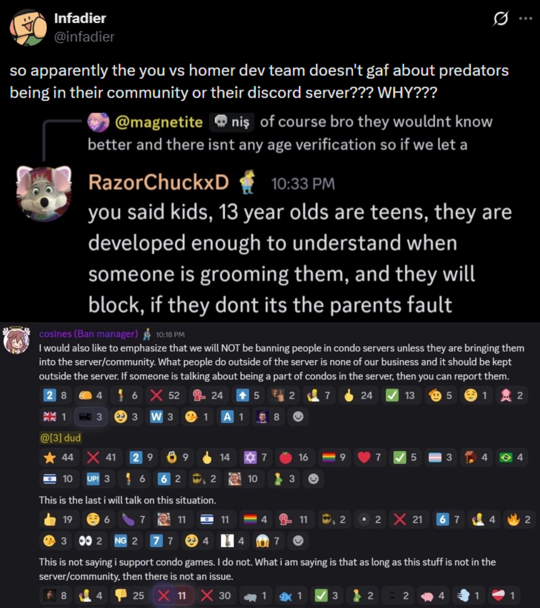 Screenshots of DMs in the You vs. Homer Discord, allegedly. In these screens, mods downplay grooming.