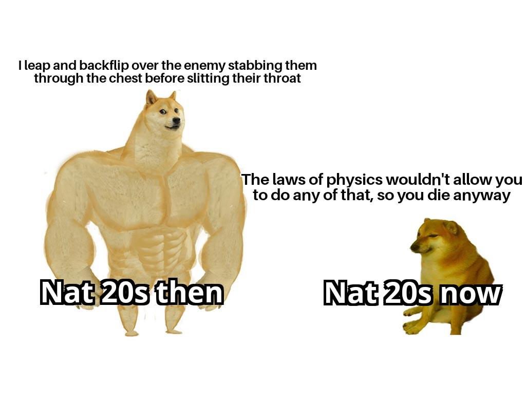 I leap and backflip over the enemy stabbing them through the chest before slitting their throat The laws of physics wouldn't allow you to do any of that, so you die anyway Nat 20s then Nat 20s now