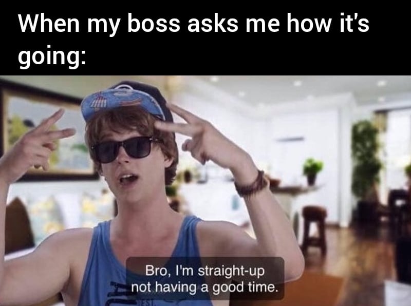 When my boss asks me how it's going: Bro, I'm straight-up not having a good time.