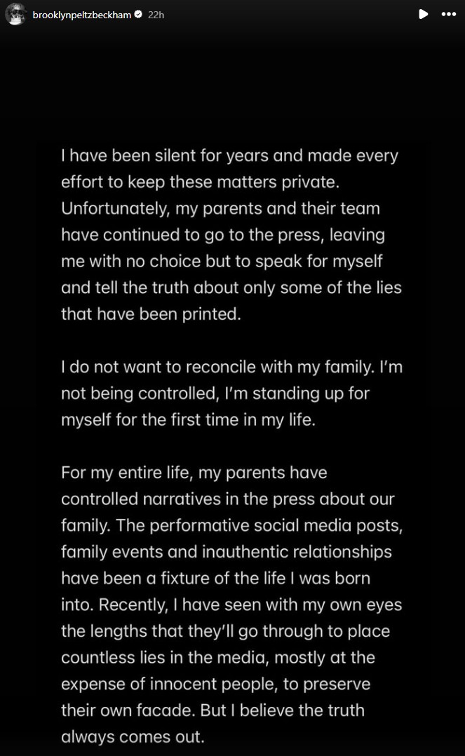Part one of Brooklyn Beckham's Instagram Stories posts from mid-January 2026 in which he criticized his mother and father over past controversies with his wife, Nicola Peltz, particularly his mother, Victoria Beckham, dancing at their wedding in 2022.