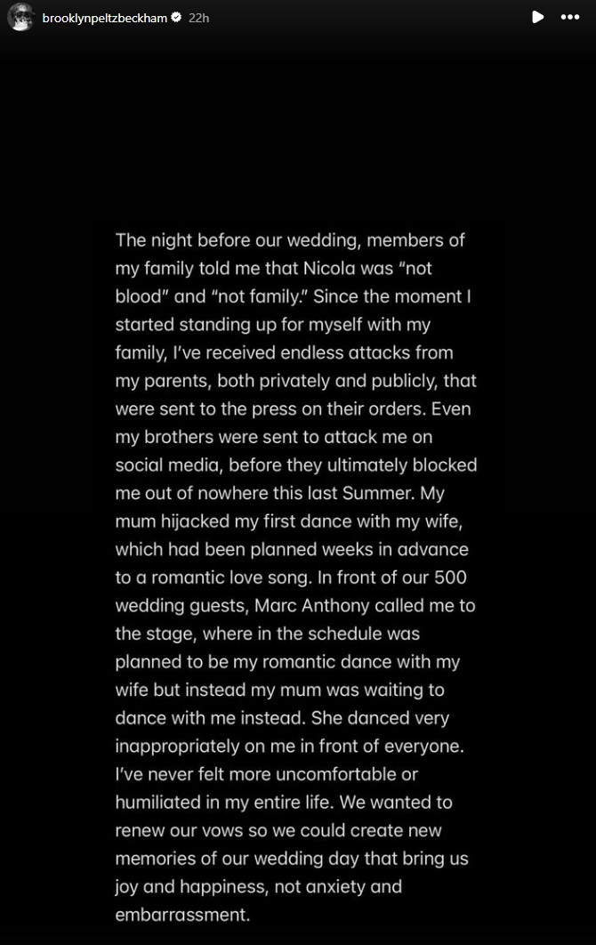 Part three of Brooklyn Beckham's Instagram Stories posts from mid-January 2026 in which he criticized his mother and father over past controversies with his wife, Nicola Peltz, particularly his mother, Victoria Beckham, dancing at their wedding in 2022.