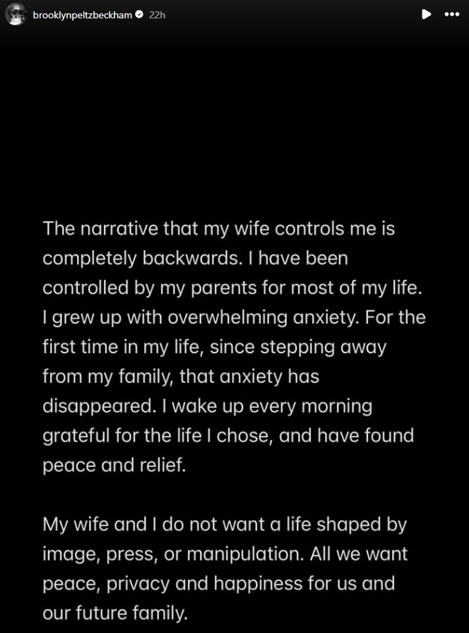 Part six of Brooklyn Beckham's Instagram Stories posts from mid-January 2026 in which he criticized his mother and father over past controversies with his wife, Nicola Peltz, particularly his mother, Victoria Beckham, dancing at their wedding in 2022.
