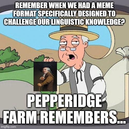 REMEMBER WHEN WE HAD A MEME FORMAT SPECIFICALLY DESIGNED TO CHALLENGE OUR LINGUISTIC KNOWLEDGE? 100- PEPPERIDGE FARM REMEMBERS... imgflip.com