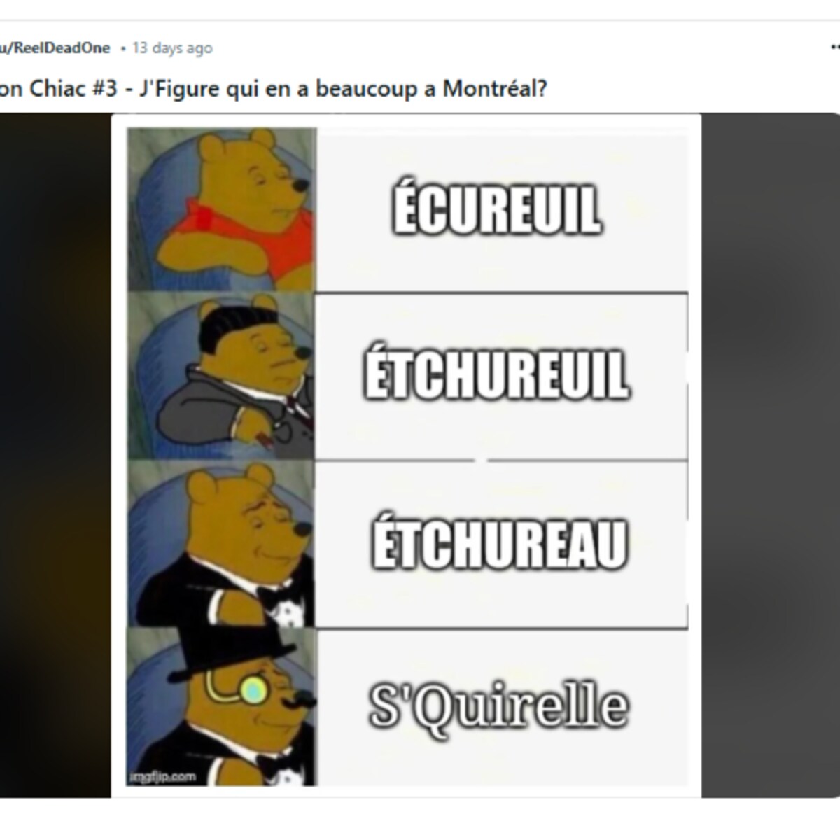 u/ReelDeadOne 13 days ago on Chiac #3 - J'Figure qui en a beaucoup a Montréal? ÉCUREUIL ÉTCHUREUIL ÉTCHUREAU S'Quirelle imgfjip.com