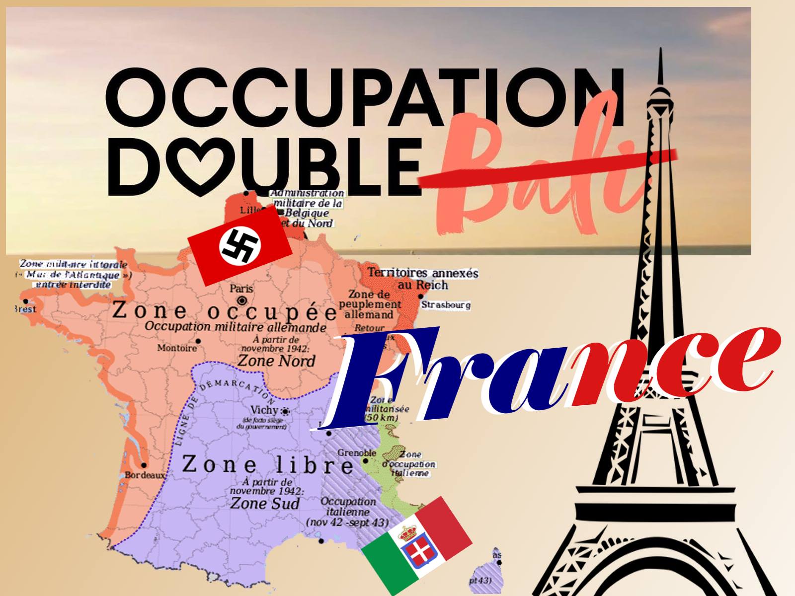 OCCUPATION DOUBLE DOMO Zone militare ittorale i-Mas de fadantique ») rest entrée interdite Administration militaire de la Lille Belgique et du Nord 59 Paris Territoires annexés au Reich Zone de peuplement Zone occupée allemand Occupation militaire allemande Montoire Bordeaux NE DE A partir de novembre 1942: Zone Nord DEMARCATIO Vichy de facto siège du gouvernement) Retour Strasbourg France nilitanisée Grenoble Zone libre A partir de novembre 1942: Zone Sud Occupation italienne Zone d'occupation italienne (nov 42-sept 43) XXIX 十萬 pt43)
