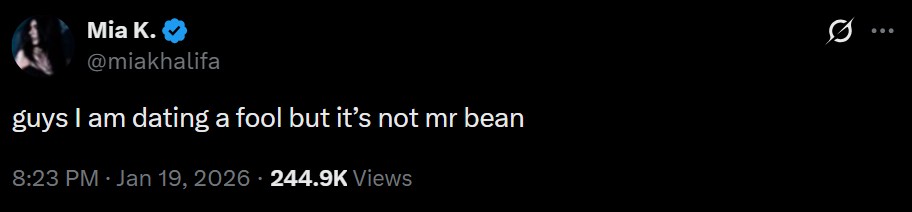 Mia K. @miakhalifa guys I am dating a fool but it's not mr bean 8:23 PM Jan 19, 2026 244.9K Views