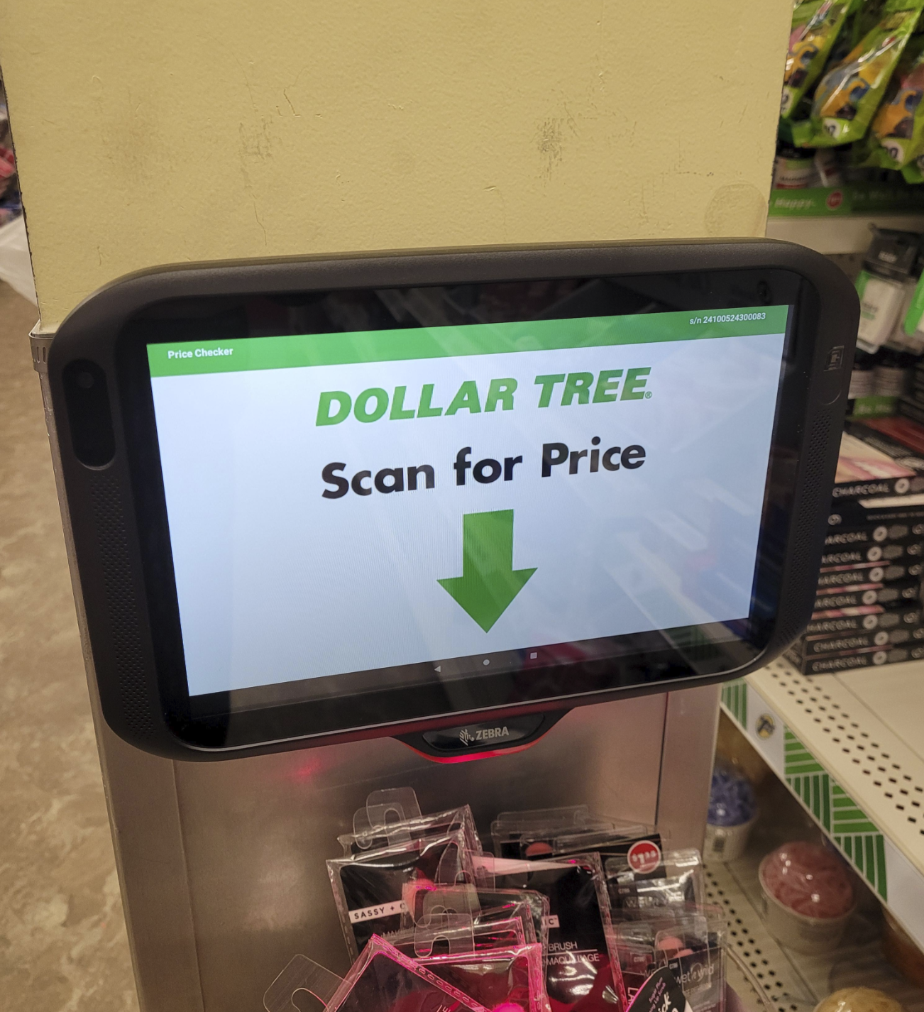 Price Checker s/n 24100524300083 Happy DOLLAR TREE Scan for Price CHARCOAL O SASSY C ZEBRA יידי ic BRUSH MAQUALINGE etayid ARCOAL ARCOAL O ARCOAL O MARCON O CHARCON CHARCON