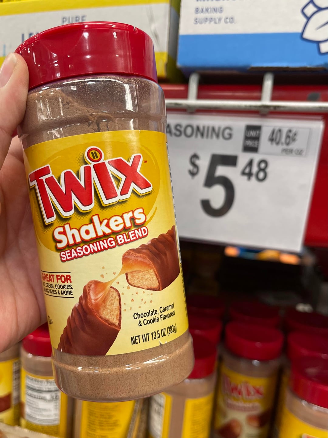 PURE BAKING SUPPLY CO Twix Shakers SEASONING BLEND GREAT FOR CE CREAM, COOKIES, SHAKES&MORE ASONING 40.64 RICE 48 $54 Chocolate, Caramel & Cookie Flavored NET WT 13.5 OZ (383)