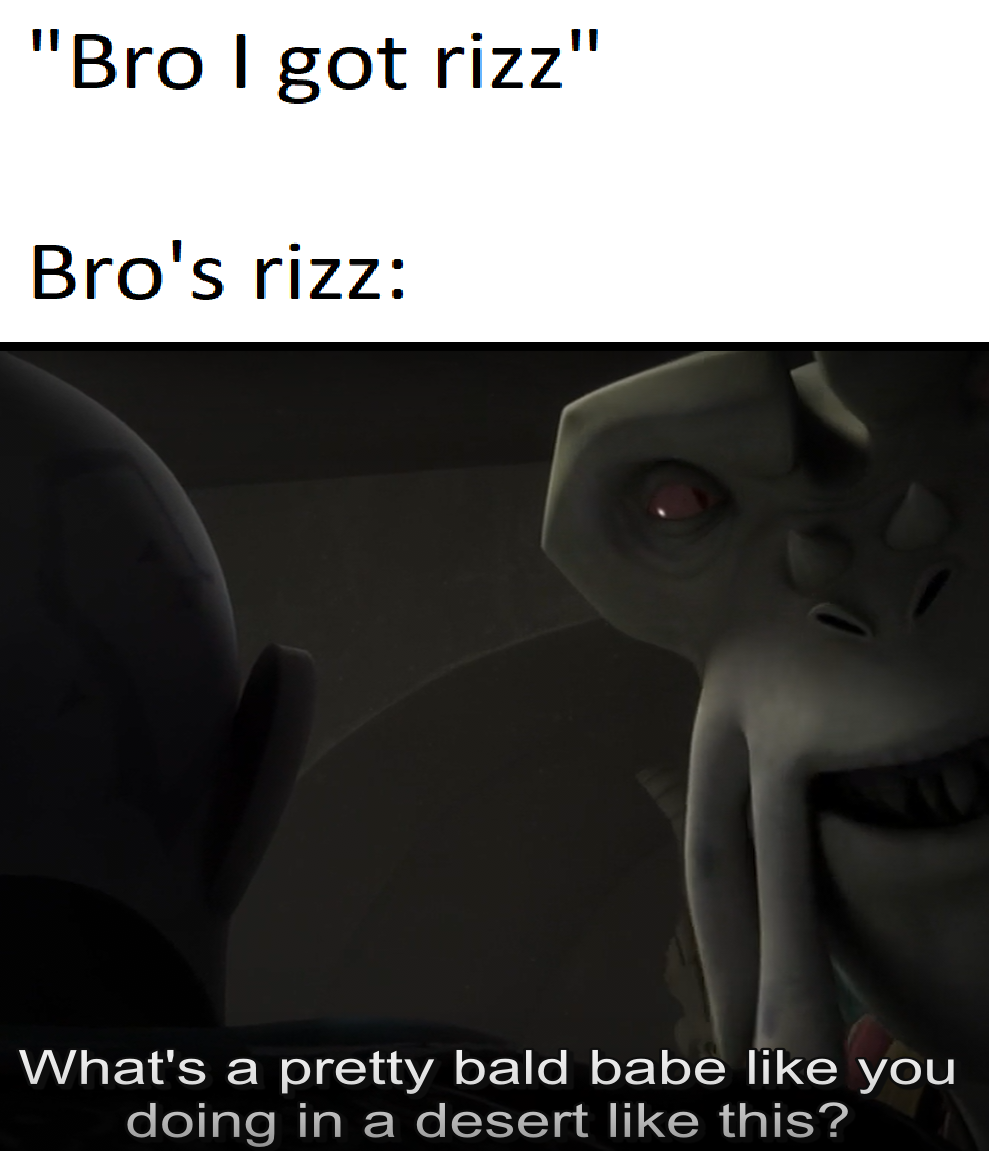"Bro I got rizz" Bro's rizz: What's a pretty bald babe like you doing in a desert like this?