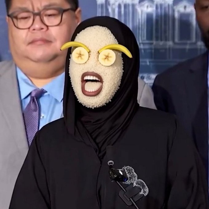 An edit of the bananas and rice girl. The edit features her with a face made of bananas and rice.