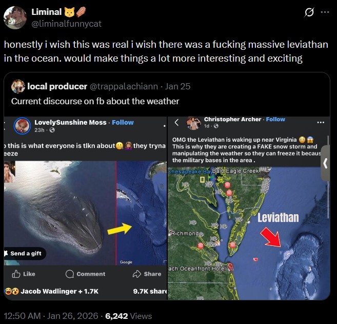 Liminal @liminalfunnycat honestly i wish this was real i wish there was a f------ massive leviathan in the ocean. would make things a lot more interesting and exciting local producer @trappalachiann - Jan 25 Current discourse on fb about the weather LovelySunshine Moss - Follow 23h. > this is what everyone is tlkn about eeze Christopher Archer. Follow 1d. OMG the Leviathan is waking up near Virginia they tryna This is why they are creating a FAKE snow storm and manipulating the weather so they can freeze it becaus the military bases in the area. Chesapeake BayBald Eagle Creek < Send a gift Like Richmond Google ach Oceanfront Hotel Comment Share 9.7K share Jacob Wadlinger + 1.7K 12:50 AM - Jan 26, 2026 -6,242 Views Leviathan