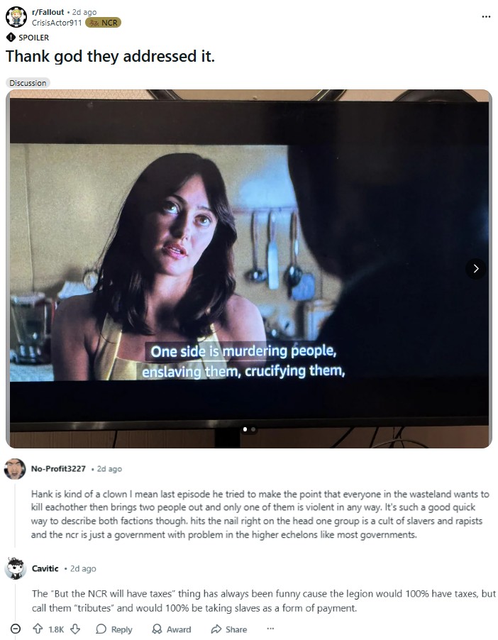 A Reddit post about a scene in Fallout. The scene has Lucy comparing the NCR to the Legion.