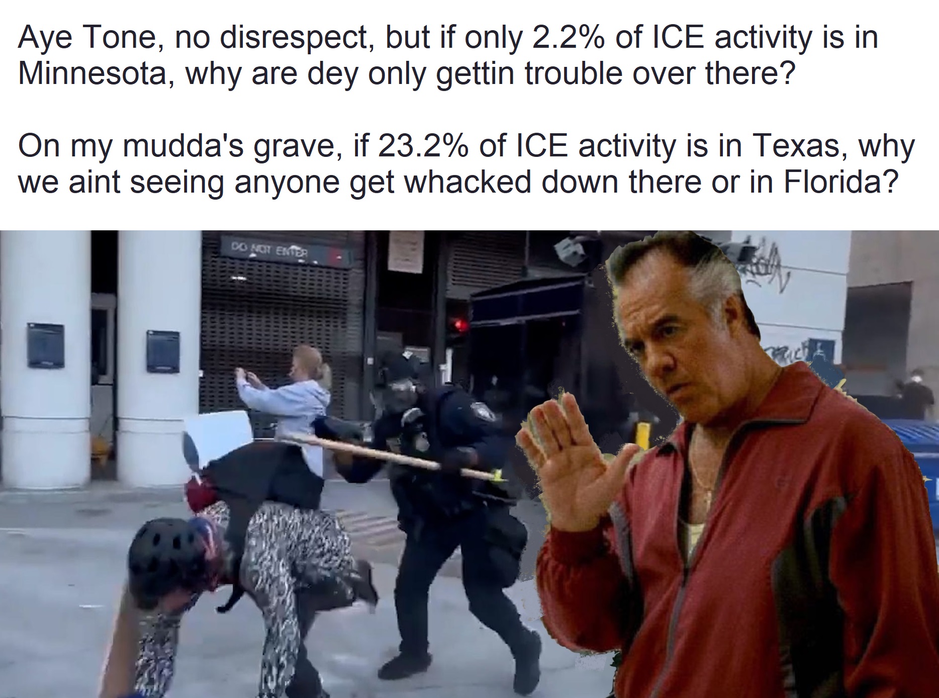 Aye Tone, no disrespect, but if only 2.2% of ICE activity is in Minnesota, why are dey only gettin trouble over there? On my mudda's grave, if 23.2% of ICE activity is in Texas, why we aint seeing anyone get whacked down there or in Florida? DO NOT ENTER