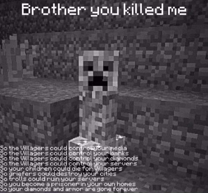 Brother you killed me So the Villagers could controbyour media So the Villagers could control your banks So the Villagers could control your diamonds So the Villagers could control your servers So your children could die for Villagers So griefers could destroy your cities So trolls could ruin your servers So you become a prisoner in your own homes So your diamonds and armor are gone forever