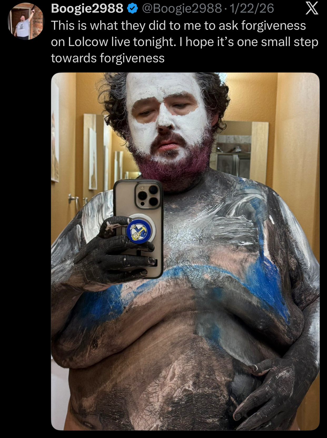 Boogie2988 @Boogie2988. 1/22/26 This is what they did to me to ask forgiveness X on Lolcow live tonight. I hope it's one small step towards forgiveness