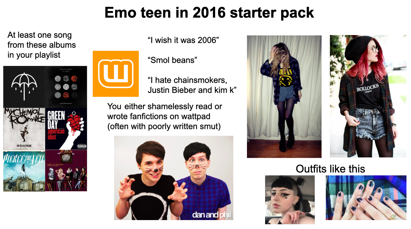At least one song from these albums in your playlist TWENTIONE YCHEMOL ROMANE GREEN THE BLAK PRUE DAY american idiot Emo teen in 2016 starter pack ய "I wish it was 2006" "Smol beans" "I hate chainsmokers, Justin Bieber and kim k❞ You either shamelessly read or wrote fanfictions on wattpad (often with poorly written smut) dan and phil BOLLOCKS LONDON Outfits like this