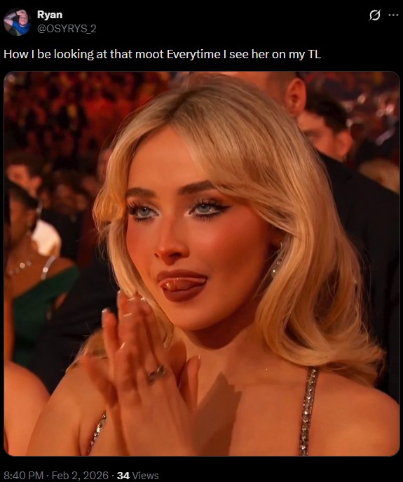 Ryan @OSYRYS_2 How I be looking at that moot Everytime I see her on my TL B 8:40 PM - Feb 2, 2026 34 Views