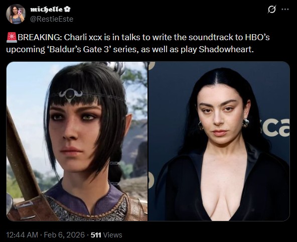 michelle ✿ @RestieEste BREAKING: Charli Xcx is in talks to write the soundtrack to HBO's upcoming *Baldur's Gate 3' series, as well as play Shadowheart. 12:44 AM - Feb 6, 2026 511 Views ca