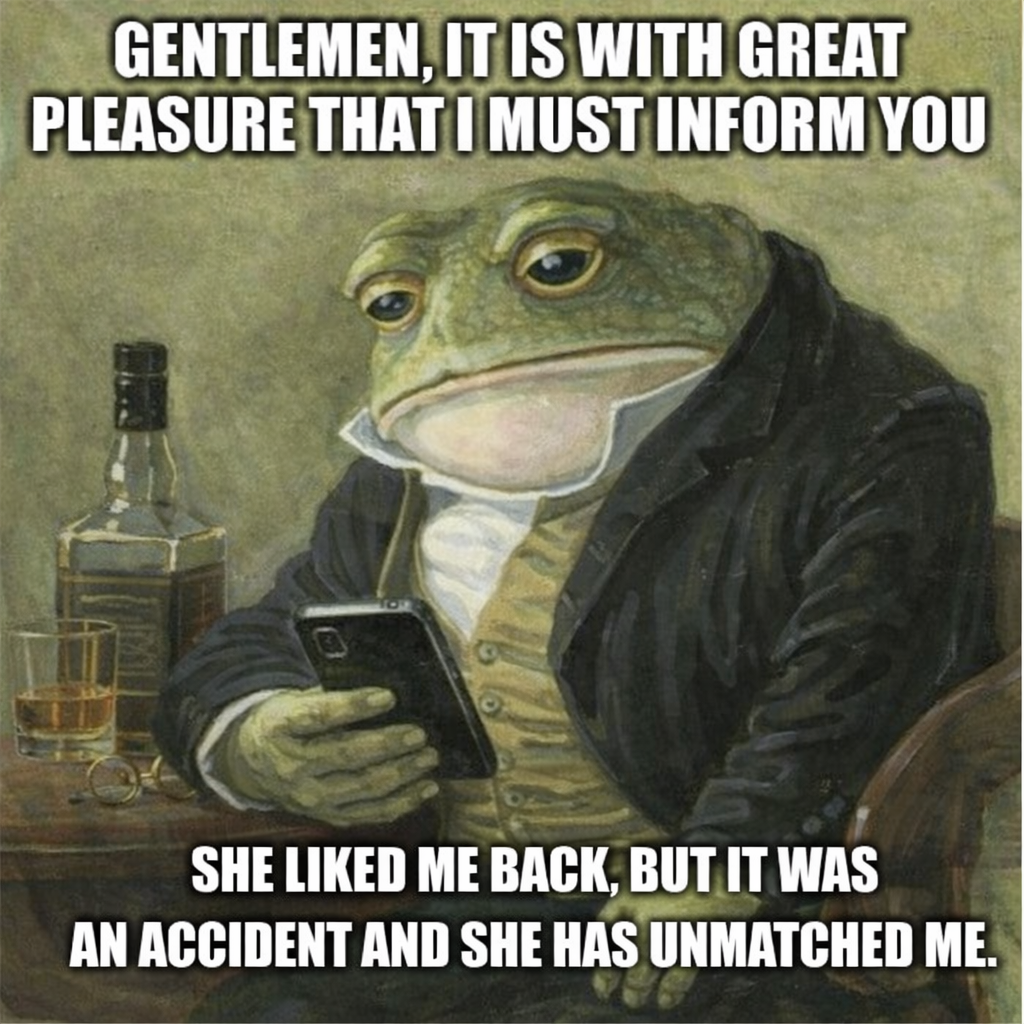GENTLEMEN, IT IS WITH GREAT PLEASURE THAT I MUST INFORM YOU SHE LIKED ME BACK, BUT IT WAS AN ACCIDENT AND SHE HAS UNMATCHED ME.