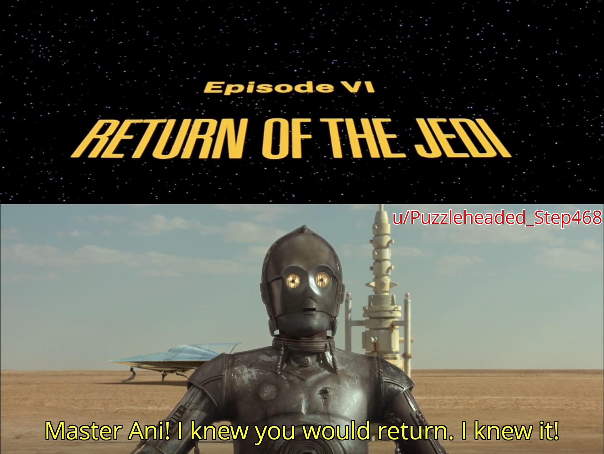 Episode VI RETURN OF THE JEDI u/Puzzleheaded_Step468 Master Ani! I knew you would return. I knew it!