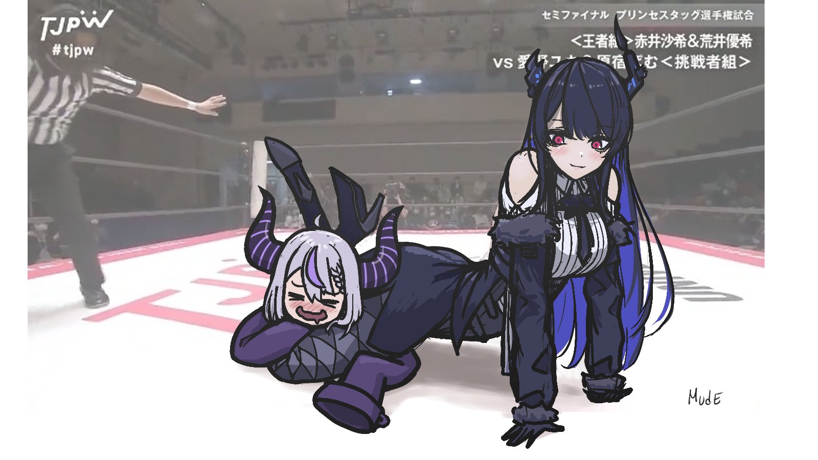 TJPW #tjpw セミファイナル プリンセスタッグ選手権試合 <王者>赤井沙希&荒井優希 VS 宿 むく挑戦者組> MudE