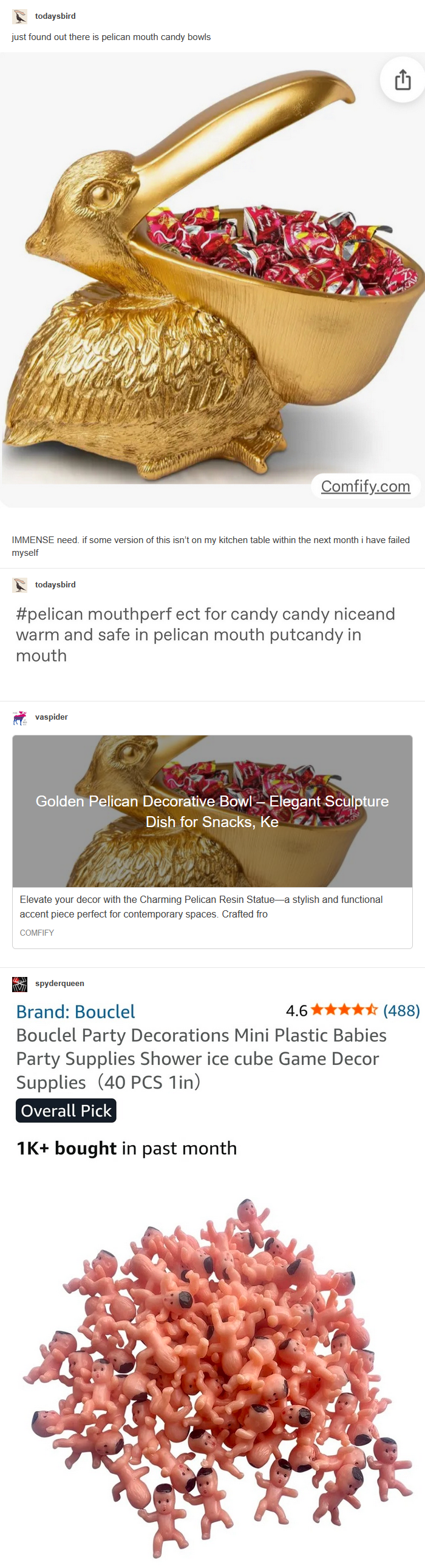 todaysbird just found out there is pelican mouth candy bowls ← Comfify.com IMMENSE need. if some version of this isn't on my kitchen table within the next month i have failed myself todaysbird #pelican mouthperfect for candy candy niceand warm and safe in pelican mouth putcandy in mouth vaspider Golden Pelican Decorative Bowl Elegant Sculpture Dish for Snacks, Ke Elevate your decor with the Charming Pelican Resin Statue-a stylish and functional accent piece perfect for contemporary spaces. Crafted fro COMFIFY spyderqueen Brand: Bouclel 4.6 ★★✰ (488) Bouclel Party Decorations Mini Plastic Babies Party Supplies Shower ice cube Game Decor Supplies (40 PCS 1in) Overall Pick 1K+ bought in past month