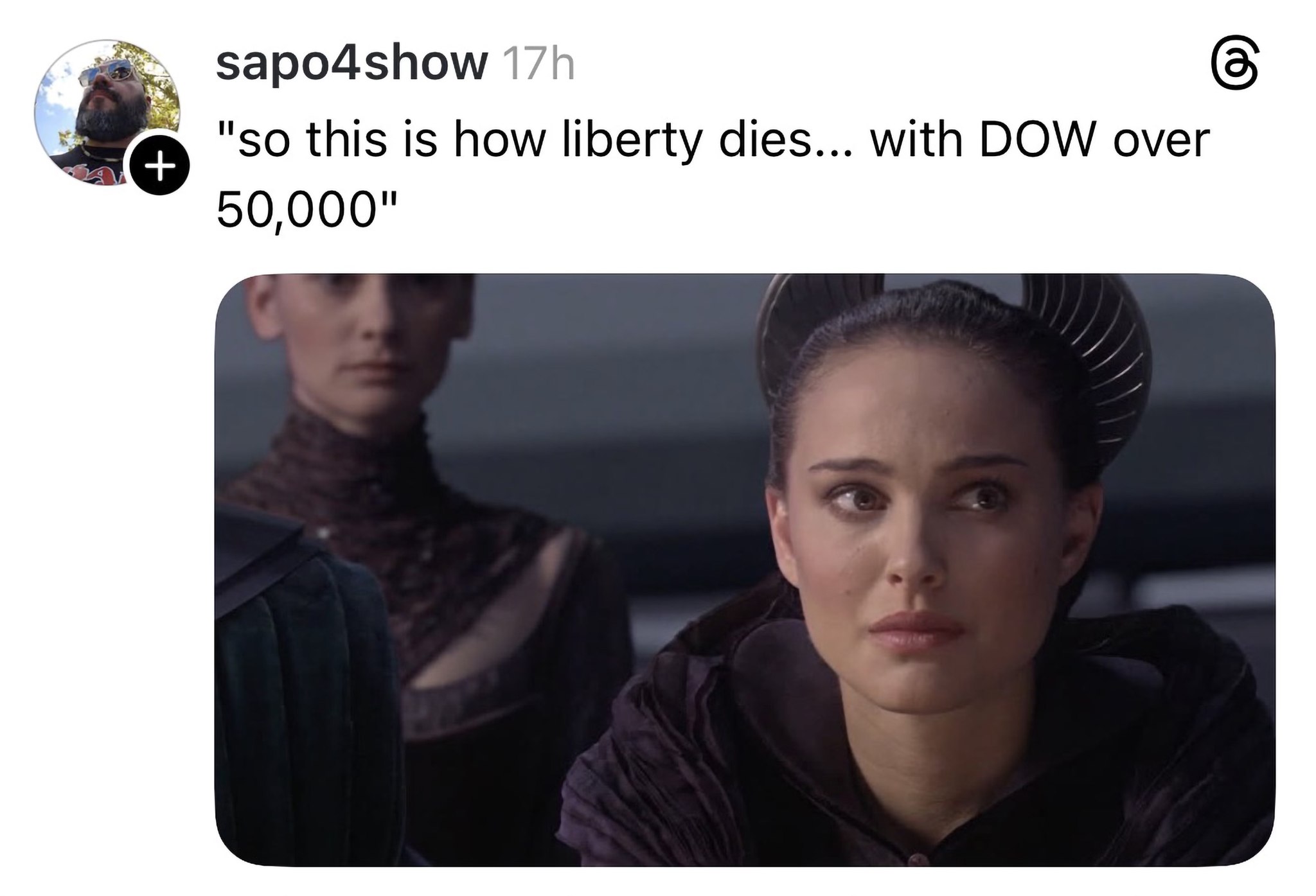 + sapo4show 17h "so this is how liberty dies... with DOW over 50,000" ©