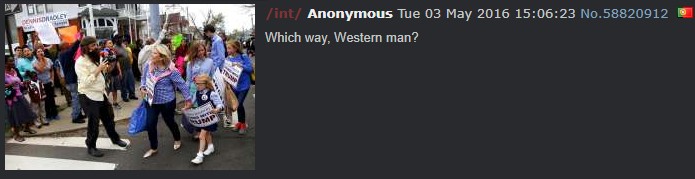 A "Which Way, Western Man?" example of the catchphrase being used on 4chan from mid-2016, alongside an image of American politics.