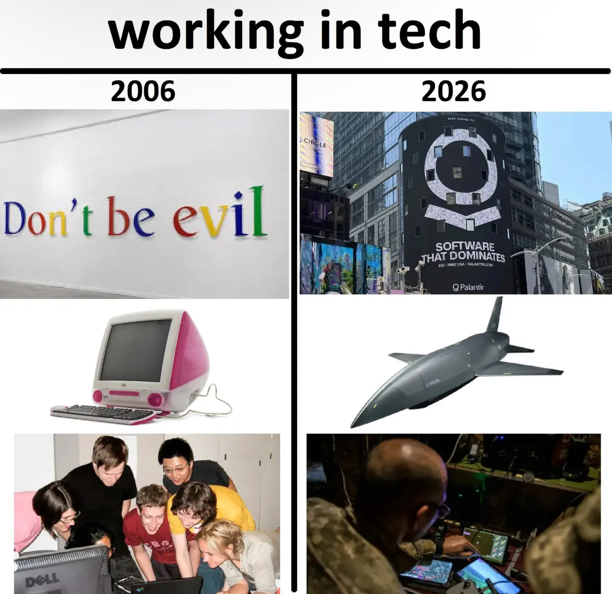 working in tech 2006 2026 Don't be evil DELL CIRCLE SOFTWARE THAT DOMINATES EST: 2003 USA/PALANTIR.COM &ANDURK QPalantir