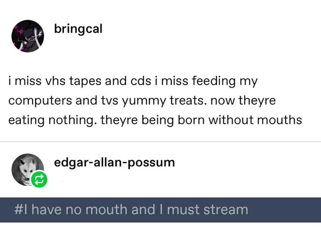 bringcal i miss vhs tapes and cds i miss feeding my computers and tvs yummy treats. now theyre eating nothing. theyre being born without mouths edgar-allan-possum #I have no mouth and I must stream