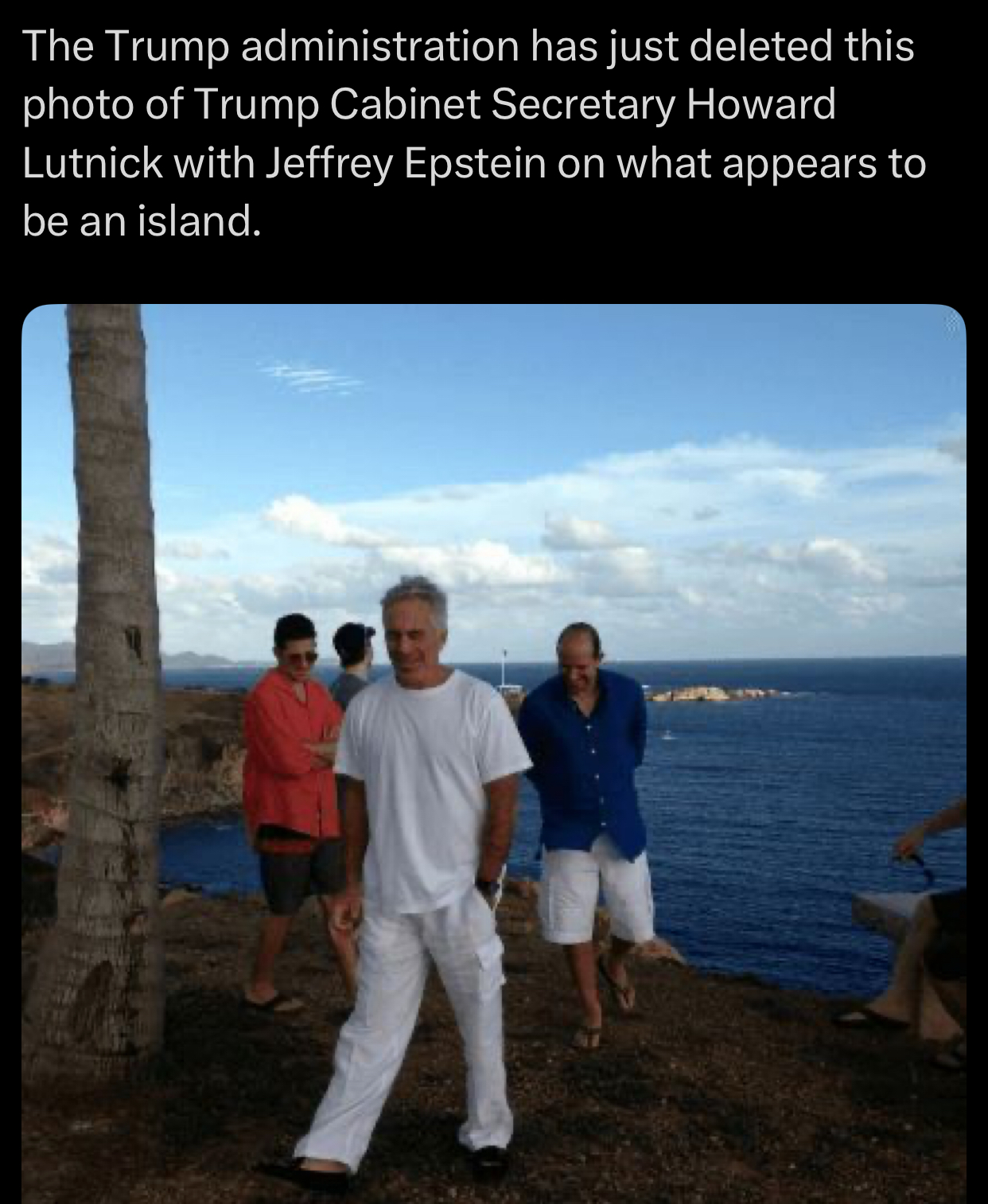 The Trump administration has just deleted this photo of Trump Cabinet Secretary Howard Lutnick with Jeffrey Epstein on what appears to be an island.